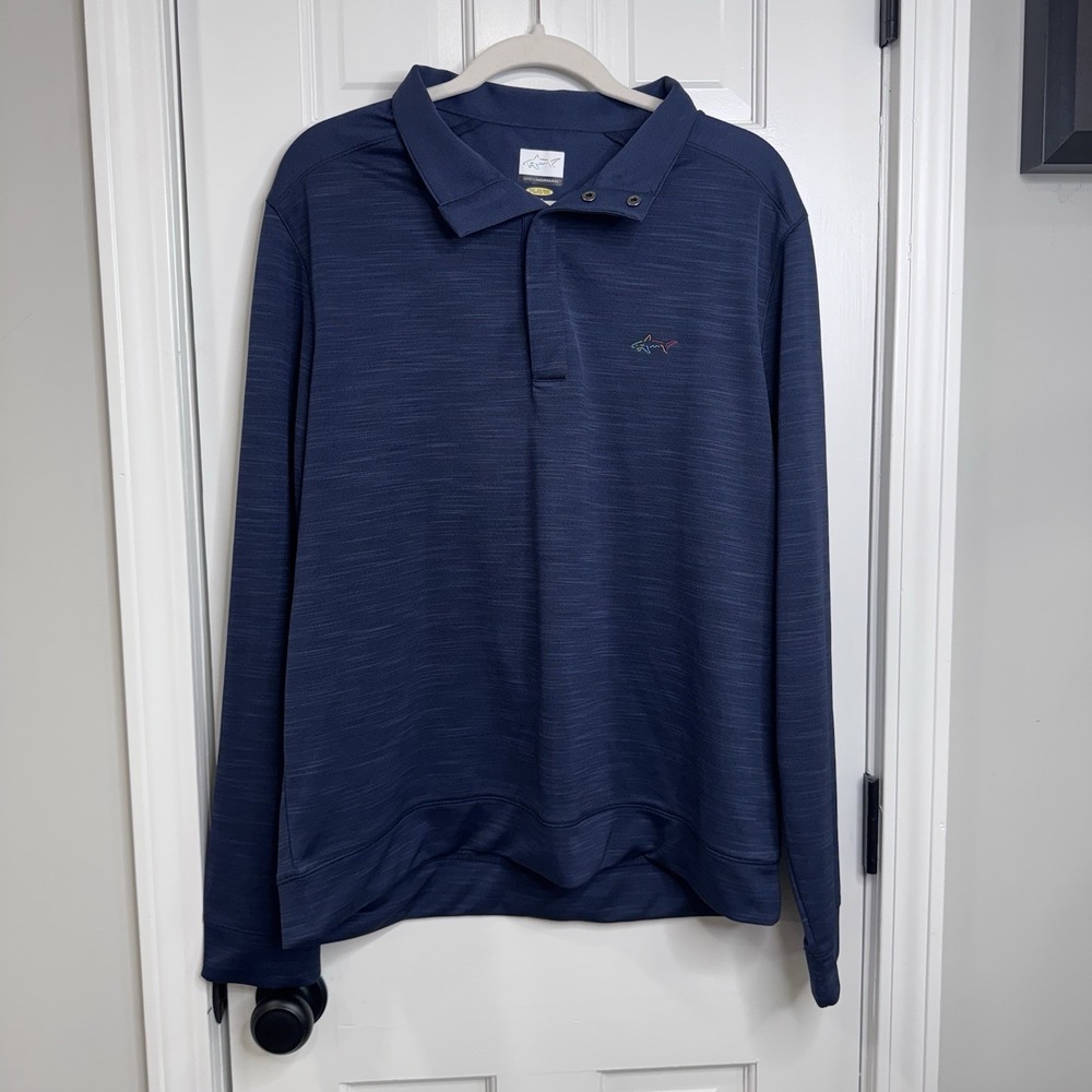 Blue Greg Norman Play Dry Polo Shirt Mens L Long Sleeve Embroidered Shark Logo